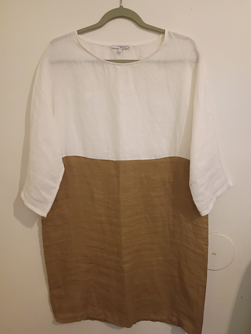 Vanessa Zani Two-Tone White and Tan Linen Mini Dress Sz S